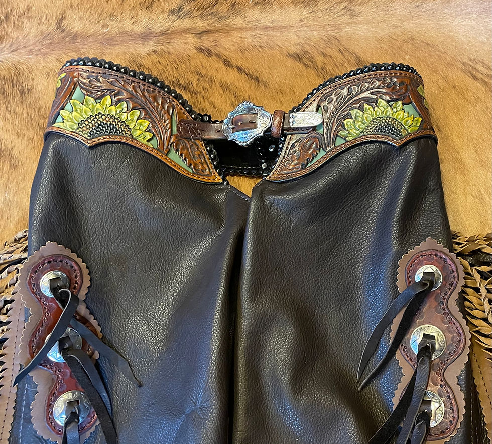 Chocolate leather Chaps with sunflower tooled yoke