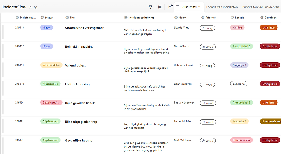Schermafbeelding van de registraties van het incidentmeldingssysteem.