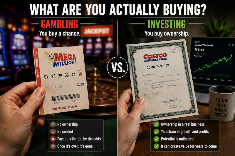 Comparison of buying a lottery ticket versus owning shares of a business.