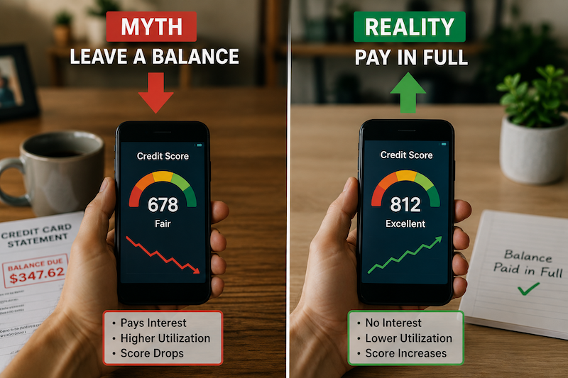 Illustration comparing leaving a balance versus paying a credit card in full.