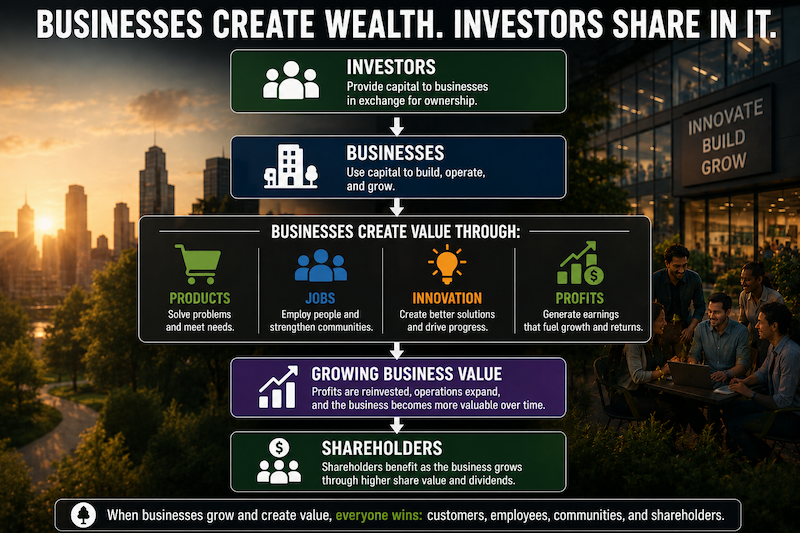 Diagram showing how investing supports businesses that create wealth over time.