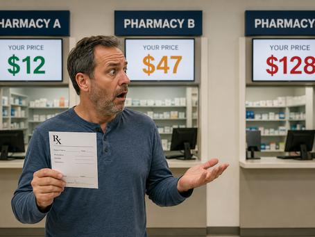Man comparing different pharmacy prescription prices and discovering large price differences for the same medication.