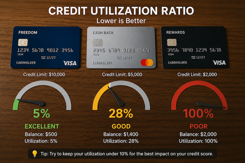 Three credit cards showing different credit utilization percentages.