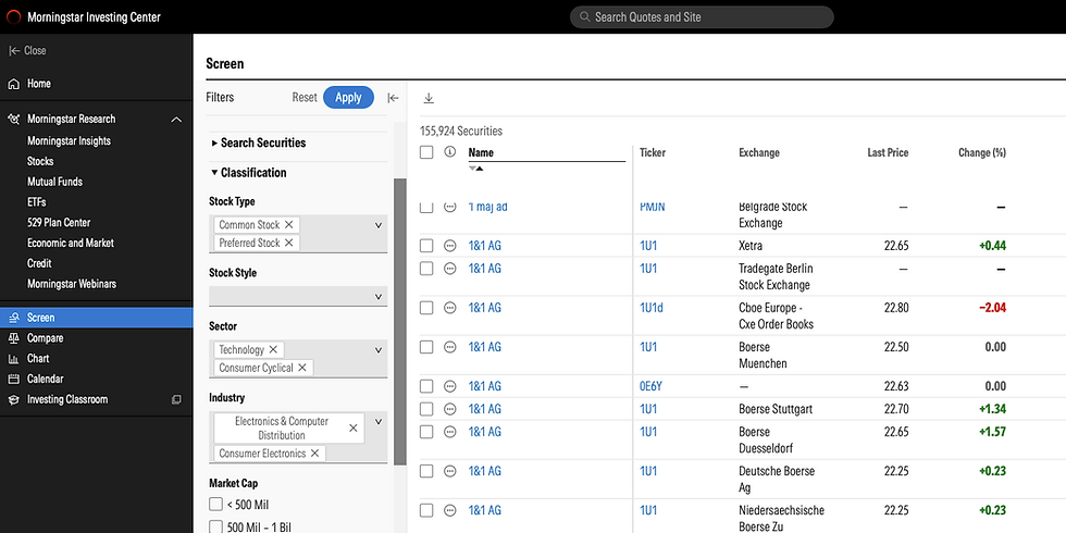 Morningstar stock screener with economic moat and exchange filters selected