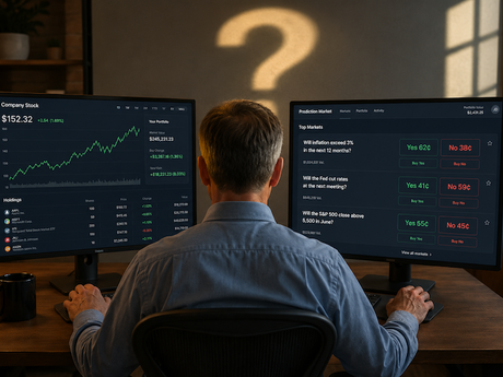 A middle-aged man compares a stock brokerage account and a prediction market on two computer monitors while deciding whether prediction markets are investing or gambling.