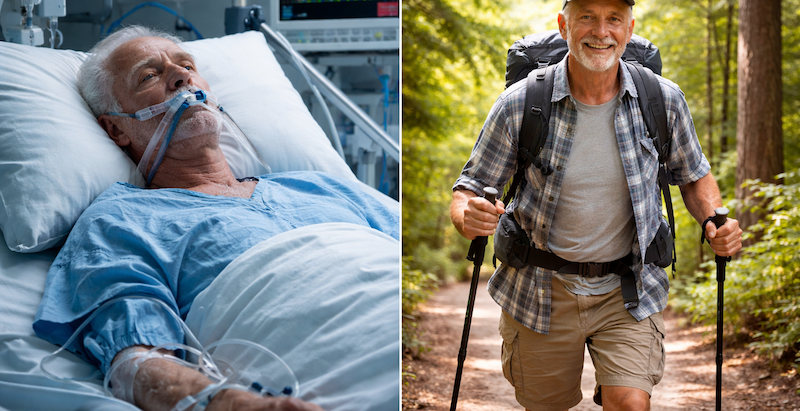 Healthy life expectancy vs lifespan illustration showing man in hospital bed compared to the same man hiking