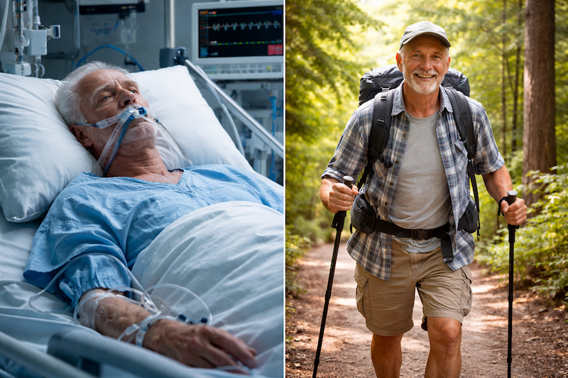 Healthy life expectancy vs lifespan illustration showing man in hospital bed compared to the same man hiking
