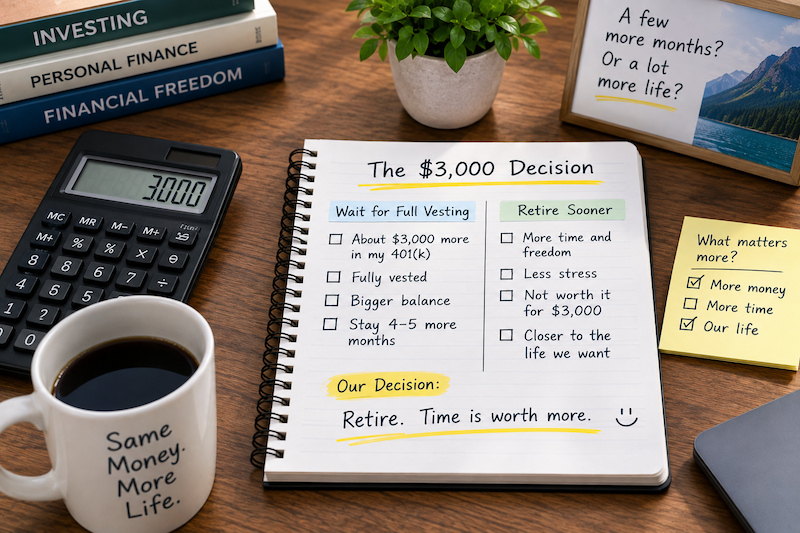 Retirement decision comparing a $3,000 401(k) benefit with several more months of work