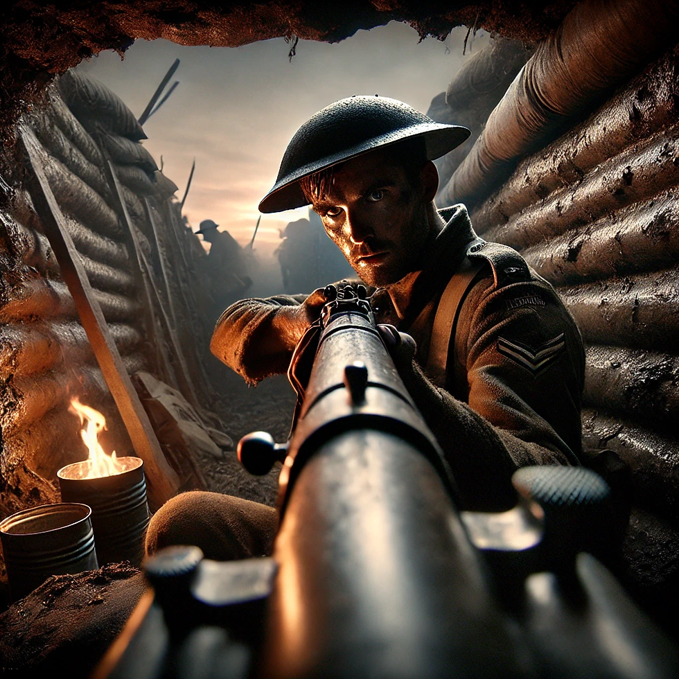 Soldier in a muddy trench aims a rifle at dusk, intense focus. Helmet and uniform visible. Fire burns in a can beside him. War setting.