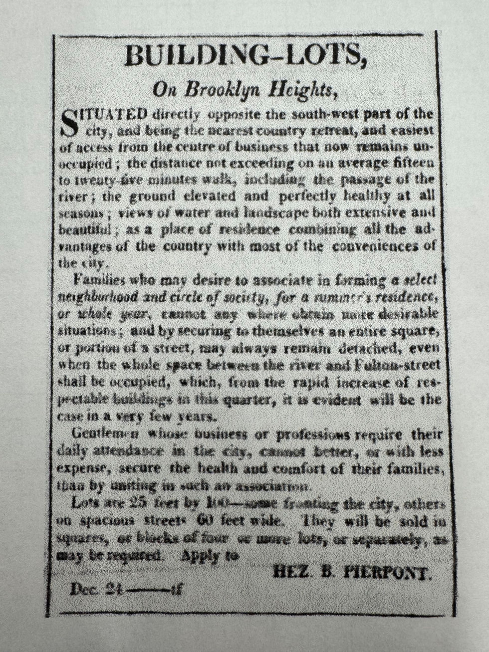 Hezekiah B. Pierrepont - Ad for Brooklyn Heights lots.