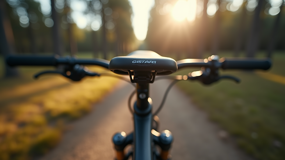 Eye-level view of a modern mountain bike saddle on a trail