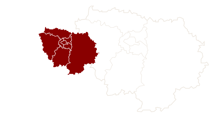 Carte des départements d’Île-de-France : Paris 75, Seine-et-Marne 77, Yvelines 78, Essonne 91, Hauts-de-seine 92, Seine-saint-denis 93, Val-de-marne 94, Val-d'Oise 95