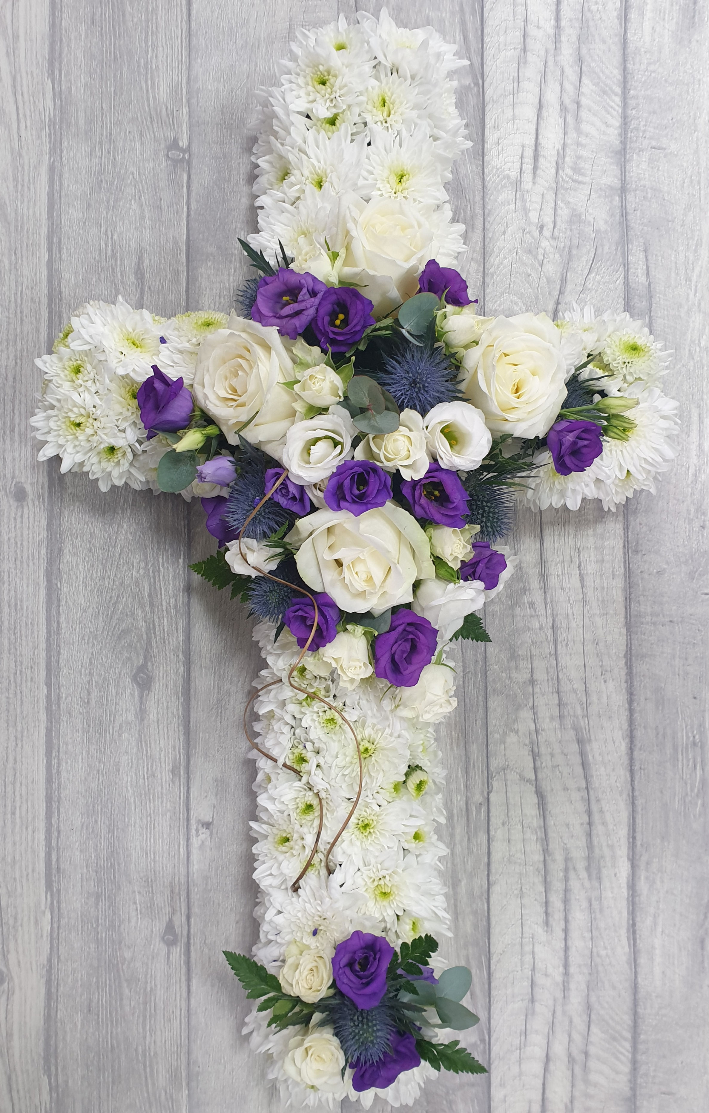 White/ blue purple cross