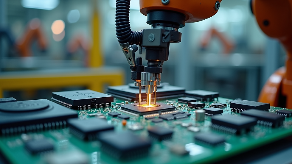 Close-up view of a robotic arm assembling electronic components in a factory