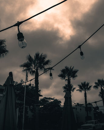 Dark contrast photo of palm trees and string lights in the foreground of a cloud covered sky with sun peeking through