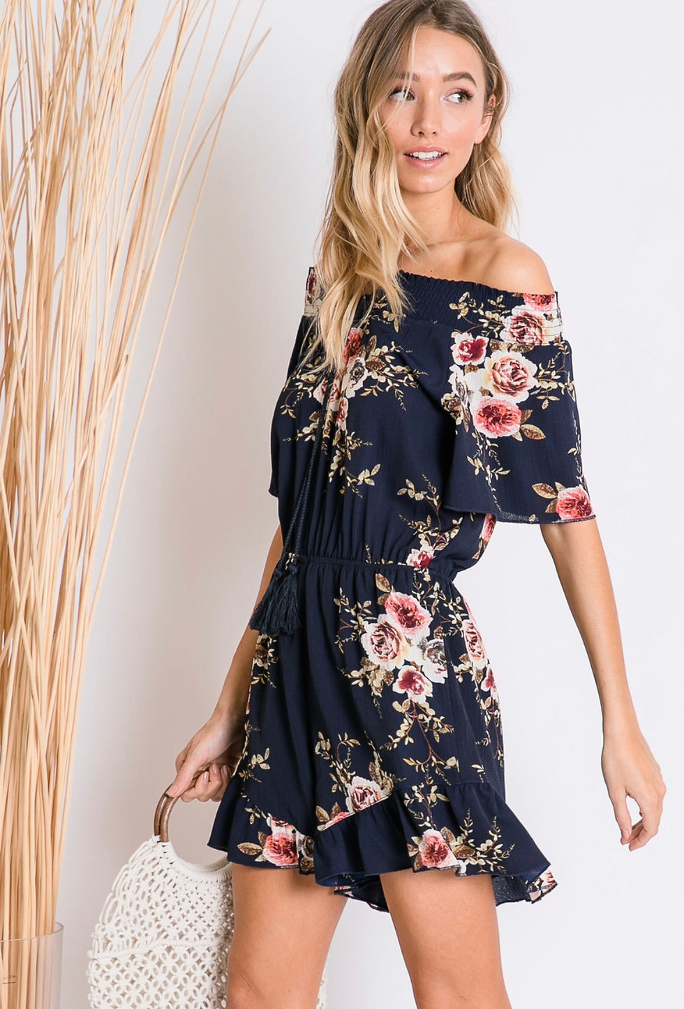 Thumbnail: Navy floral off the shoulder romper 