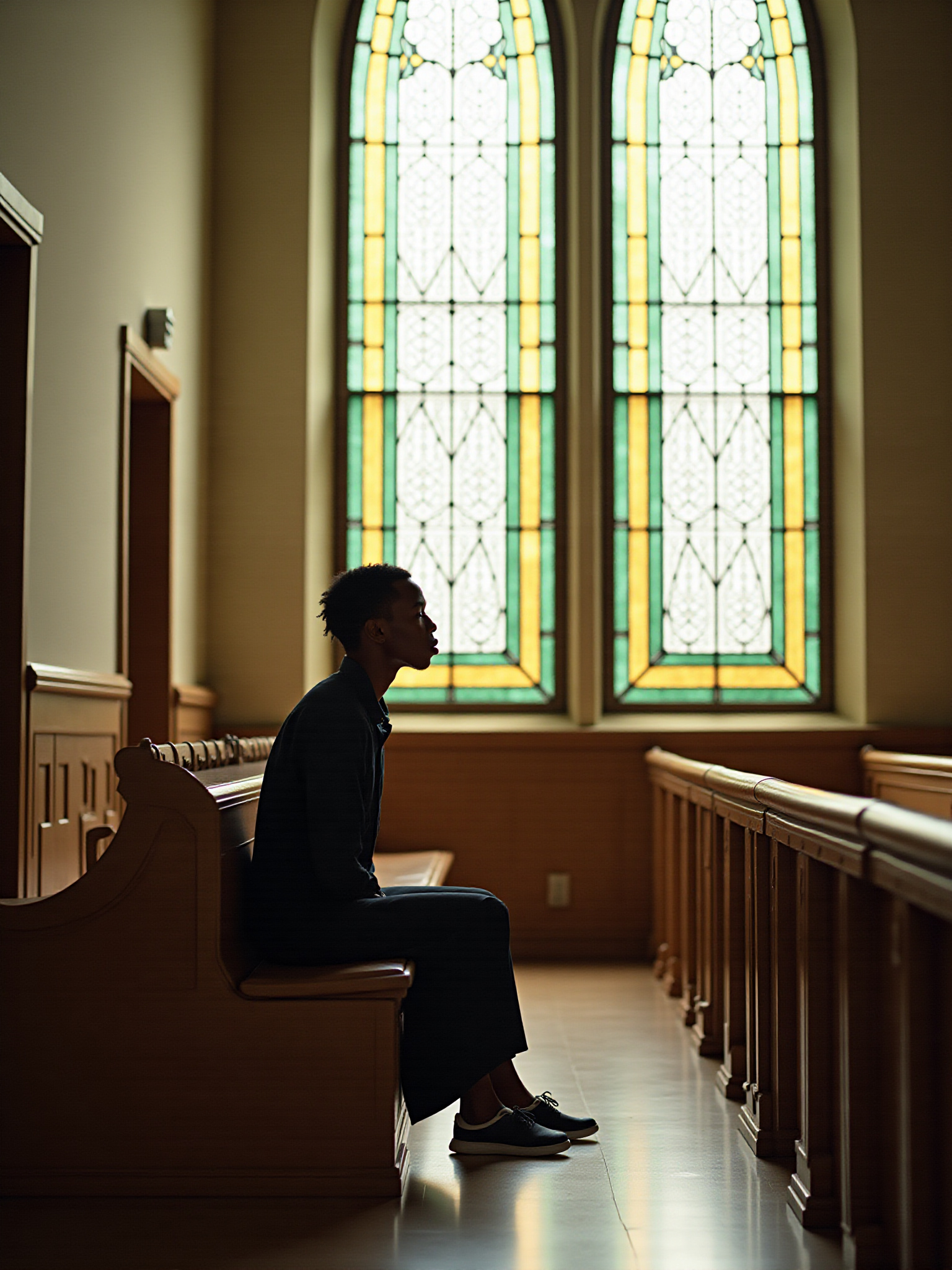 Person sitting on a church bench praying.