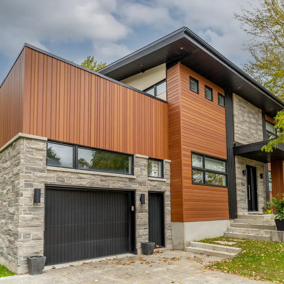 Modern home with Norwood siding in Cedar and stone veneer