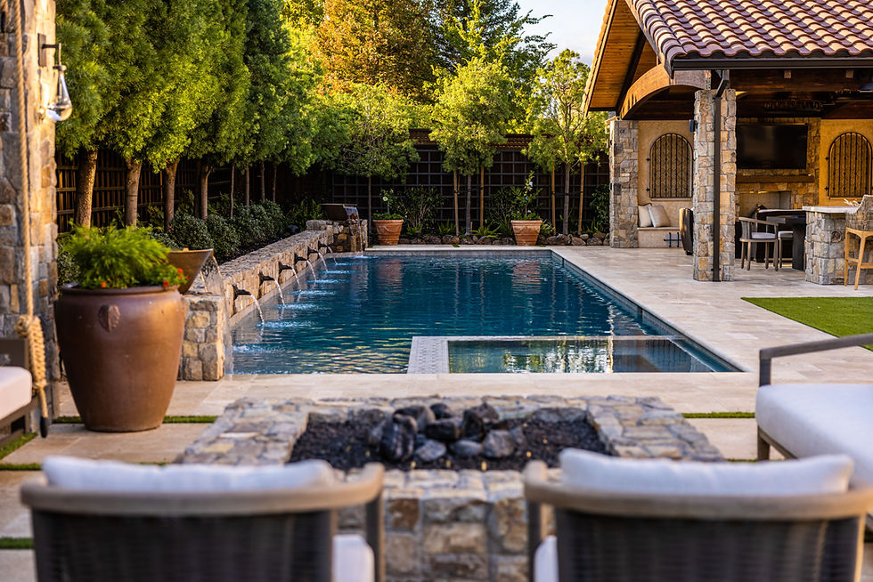Pleasanton pool with stone paver deck and shaded pergola