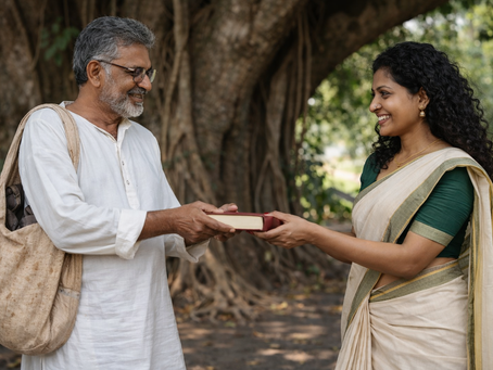 An elderly man handing a book to a smiling woman under a large tree