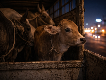 A small calf looking at city lights from a dirty van with other oxen and bulls.