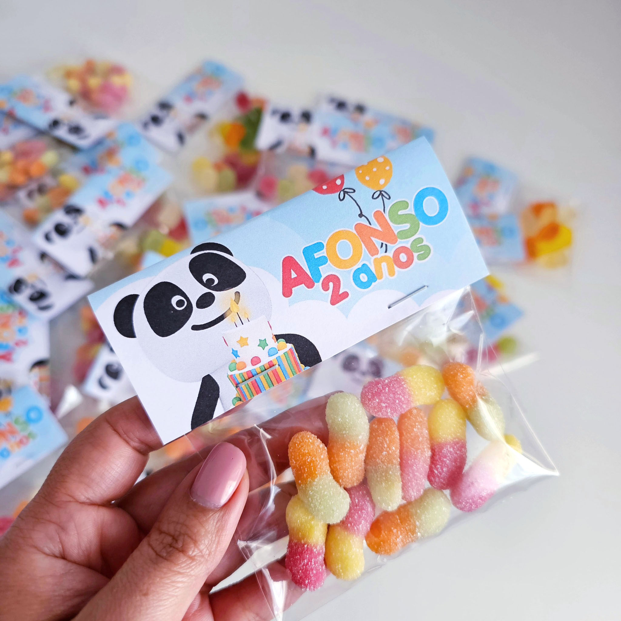 Sacos de Gomas Panda e Caricas Personalizados para festas - Lembrança
