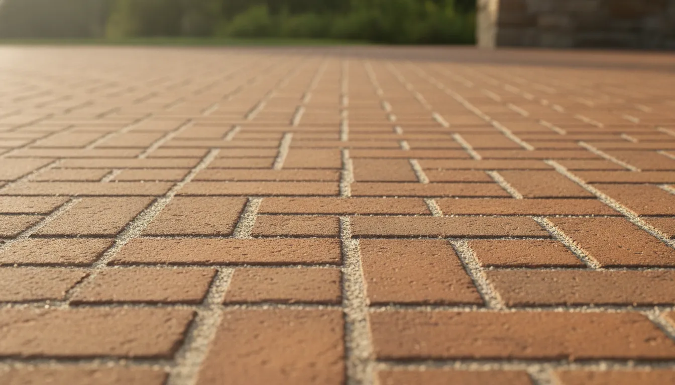 Warm clay brick patio pavers arranged in a herringbone pattern with visible joint lines