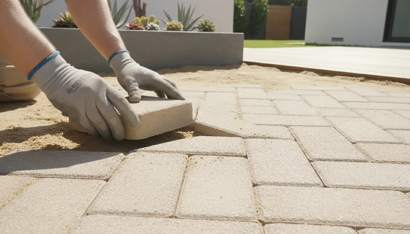 A paver installer setting herringbone-pattern concrete pavers into a sand base in a Southern California backyard
