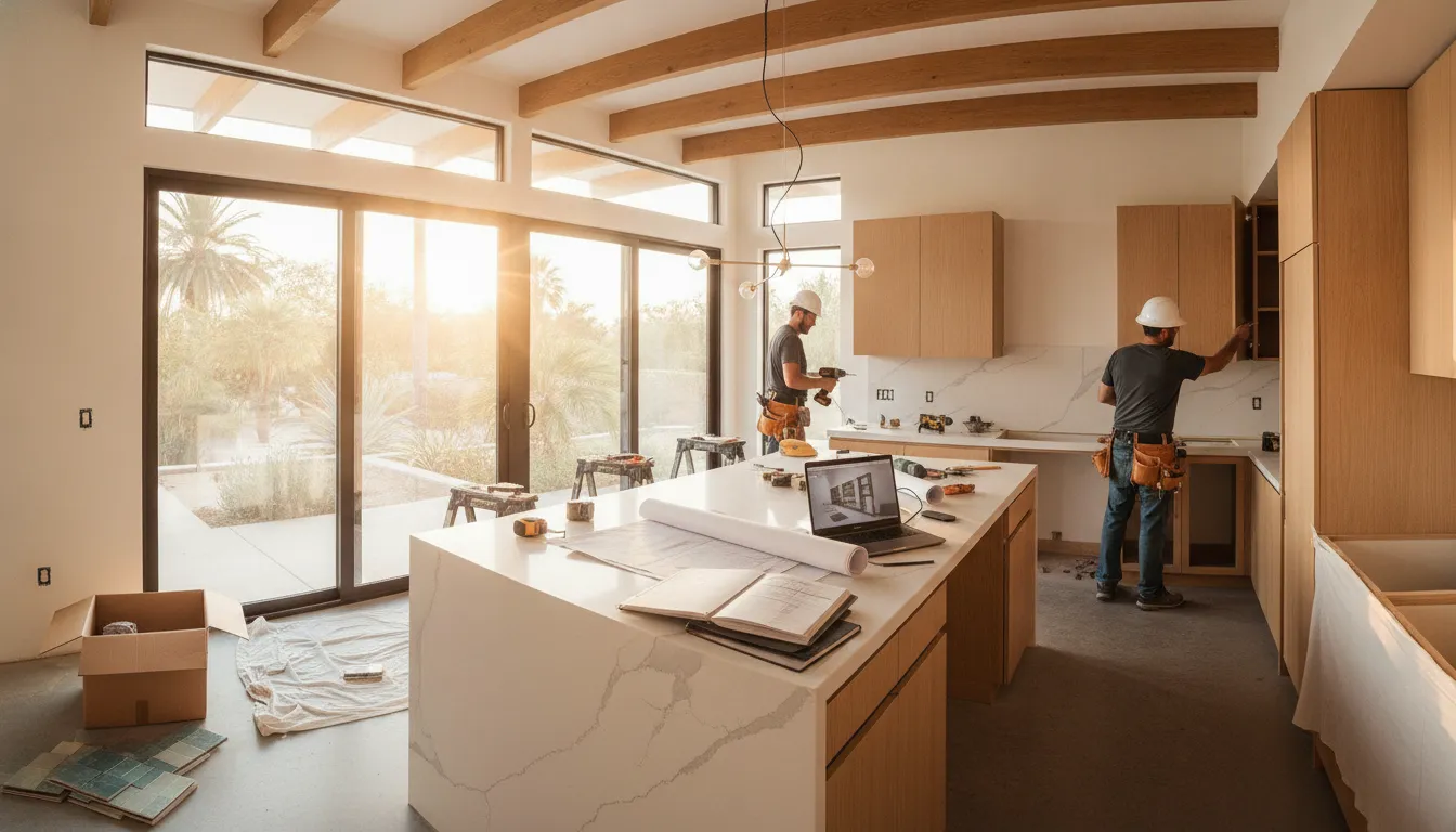 Modern Los Angeles kitchen renovation in progress with blueprints and budget planning documents
