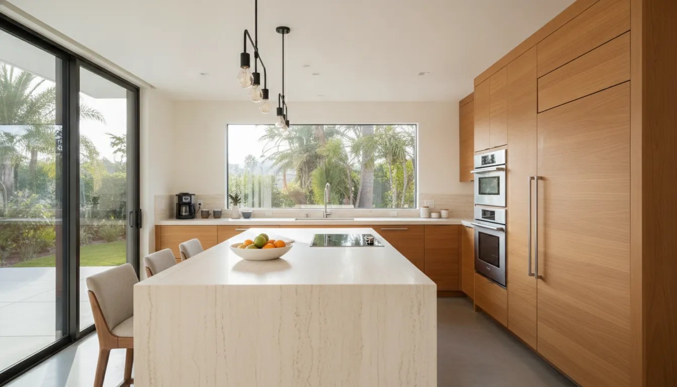 Modern open-concept Los Angeles kitchen with a large central island, wood cabinetry, and natural stone countertops bathed in daylight