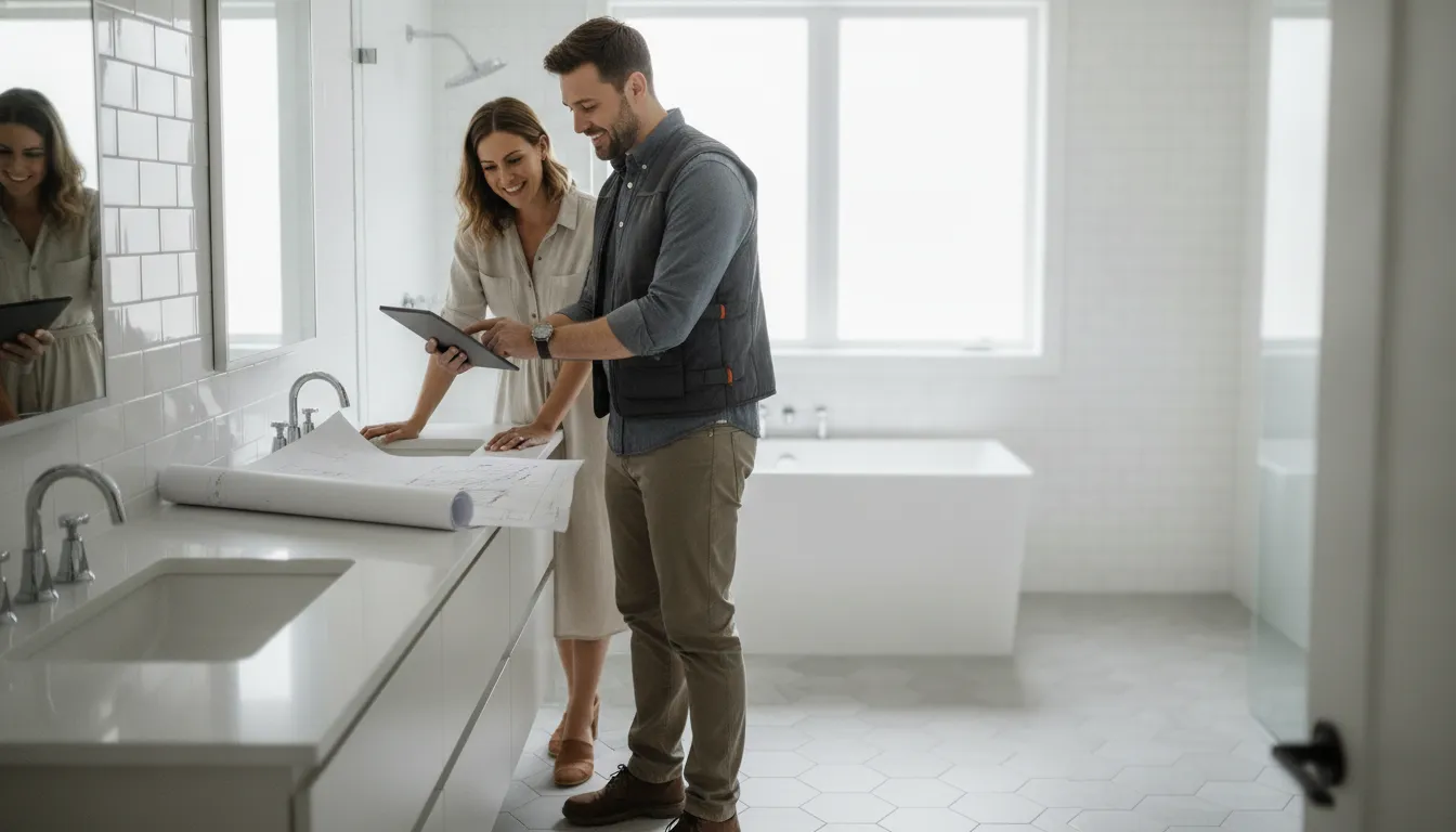 Contractor and homeowner reviewing a Los Angeles bathroom remodeling plan and cost scope