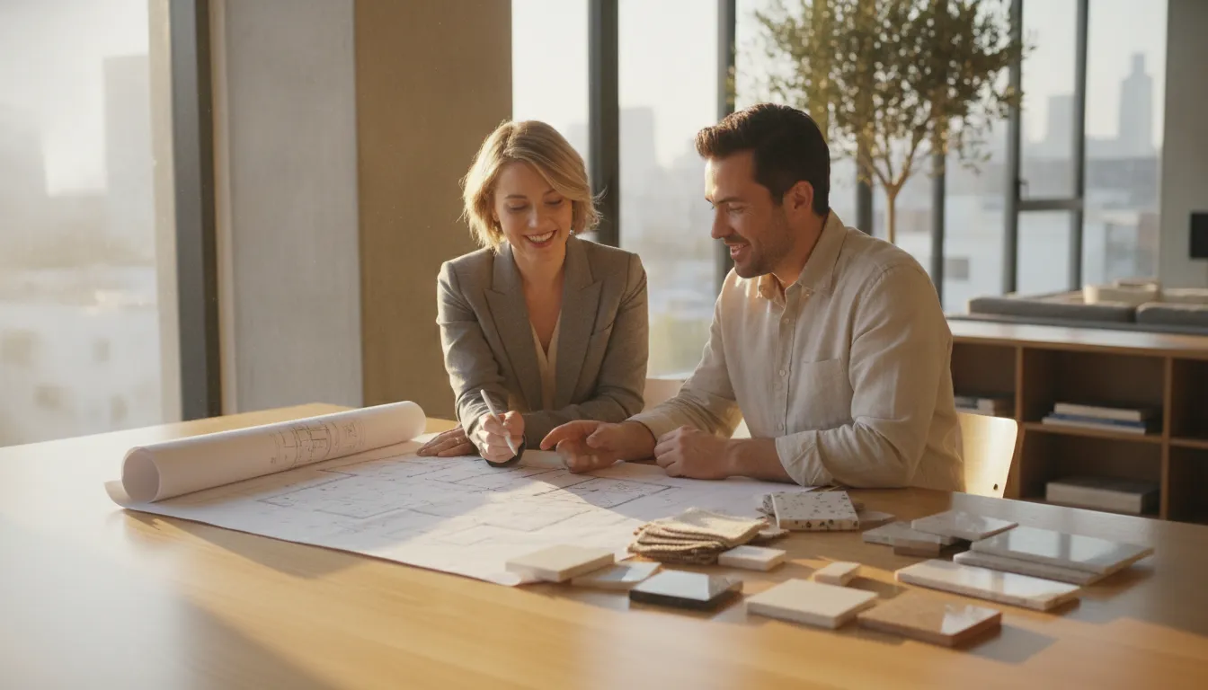 Designer and homeowner reviewing a home renovation plan and material samples in Los Angeles