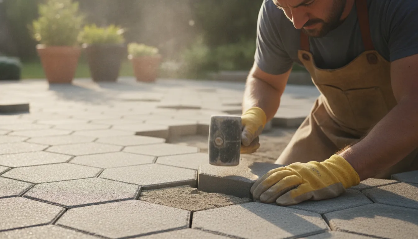 Craftsman setting pavers with carefully aligned joints and finished edge detail