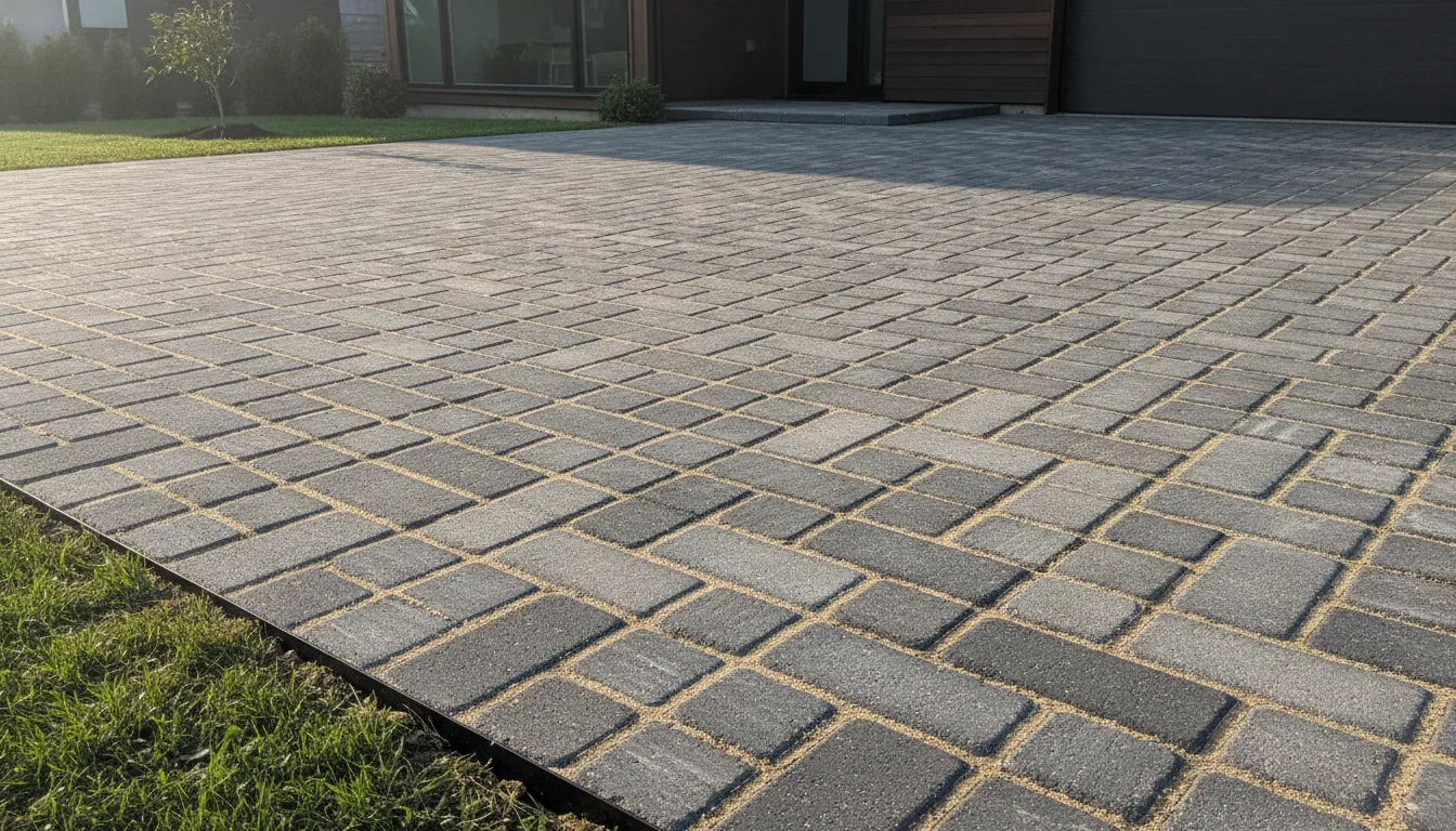 Finished interlocking paver driveway with even joints and a clean edge restraint in Los Angeles