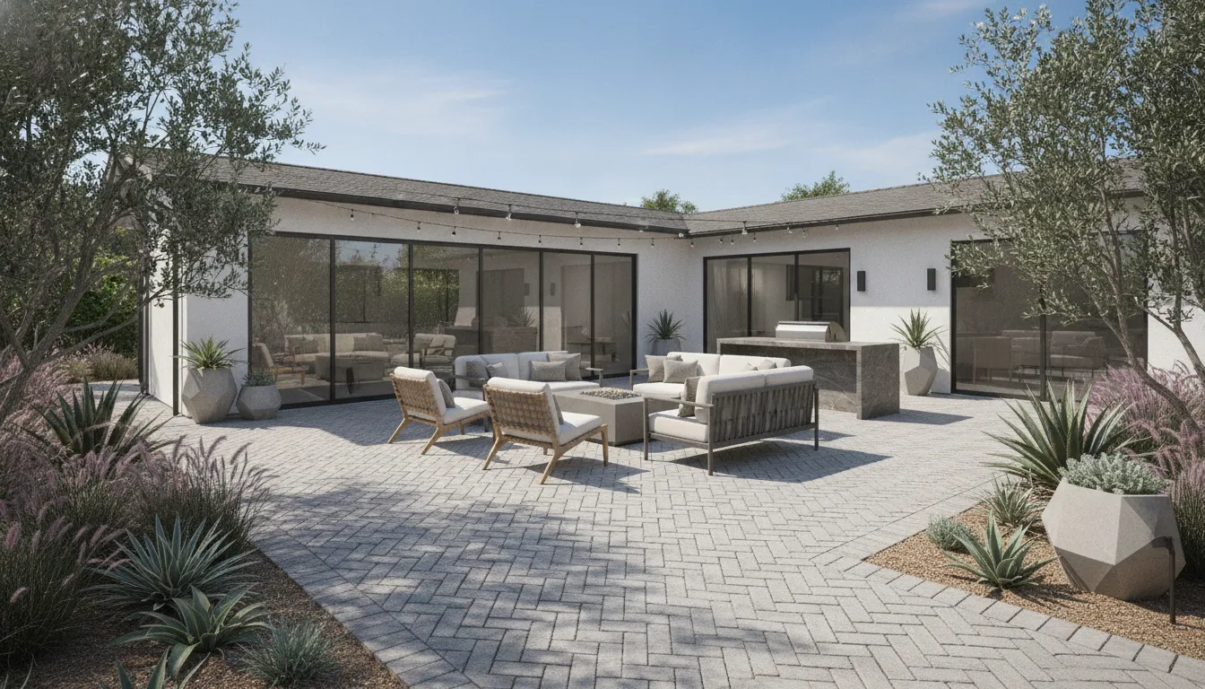 Elegant Los Angeles paver patio with herringbone pattern, comfortable outdoor furniture, and drought-tolerant landscaping