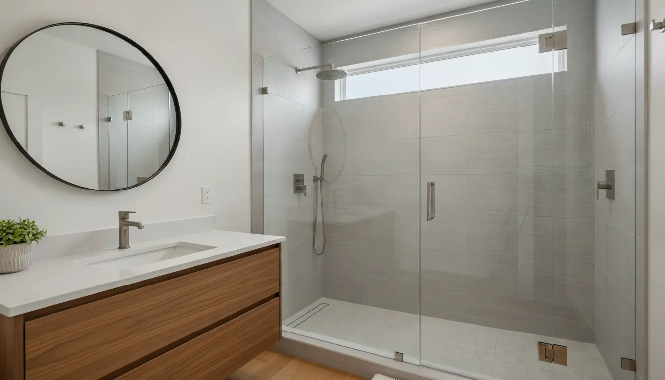 A modern walk-in shower with frameless glass, floating walnut vanity, and large-format tile in a bright Los Angeles bathroom
