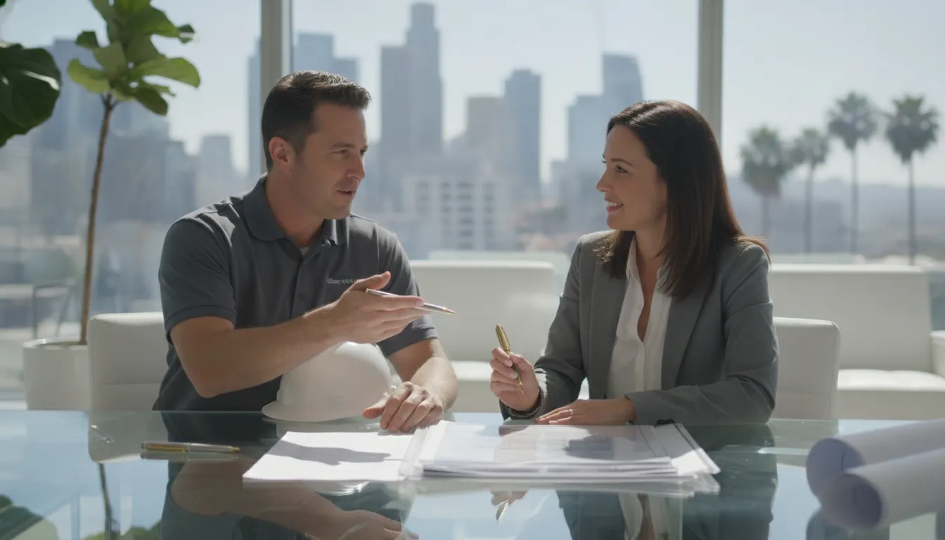 ADU contractor and homeowner reviewing a construction contract together in a Los Angeles office
