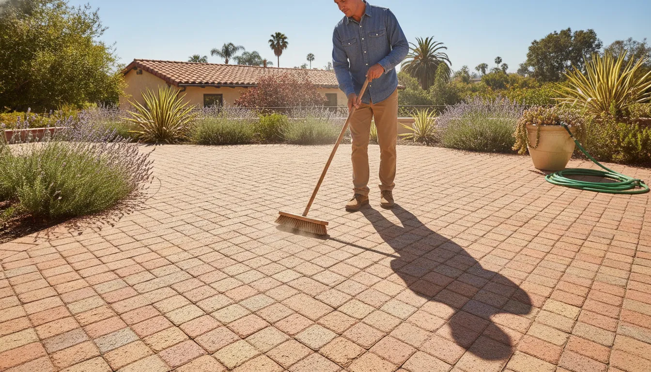 Homeowner sweeping a warm clay brick paver patio with a stiff outdoor broom in bright daylight