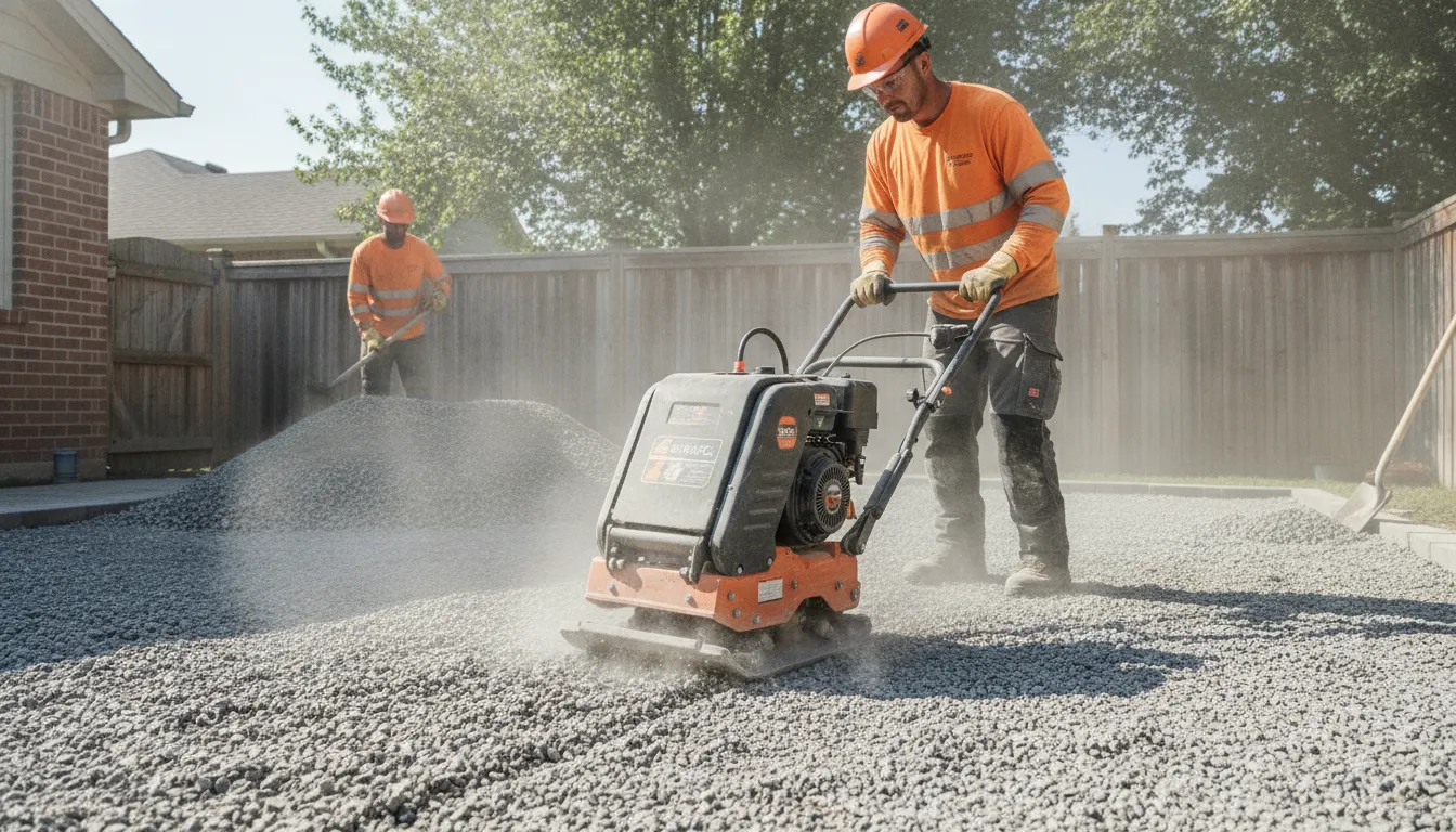 Crew compacting a granular base before installing a paver patio