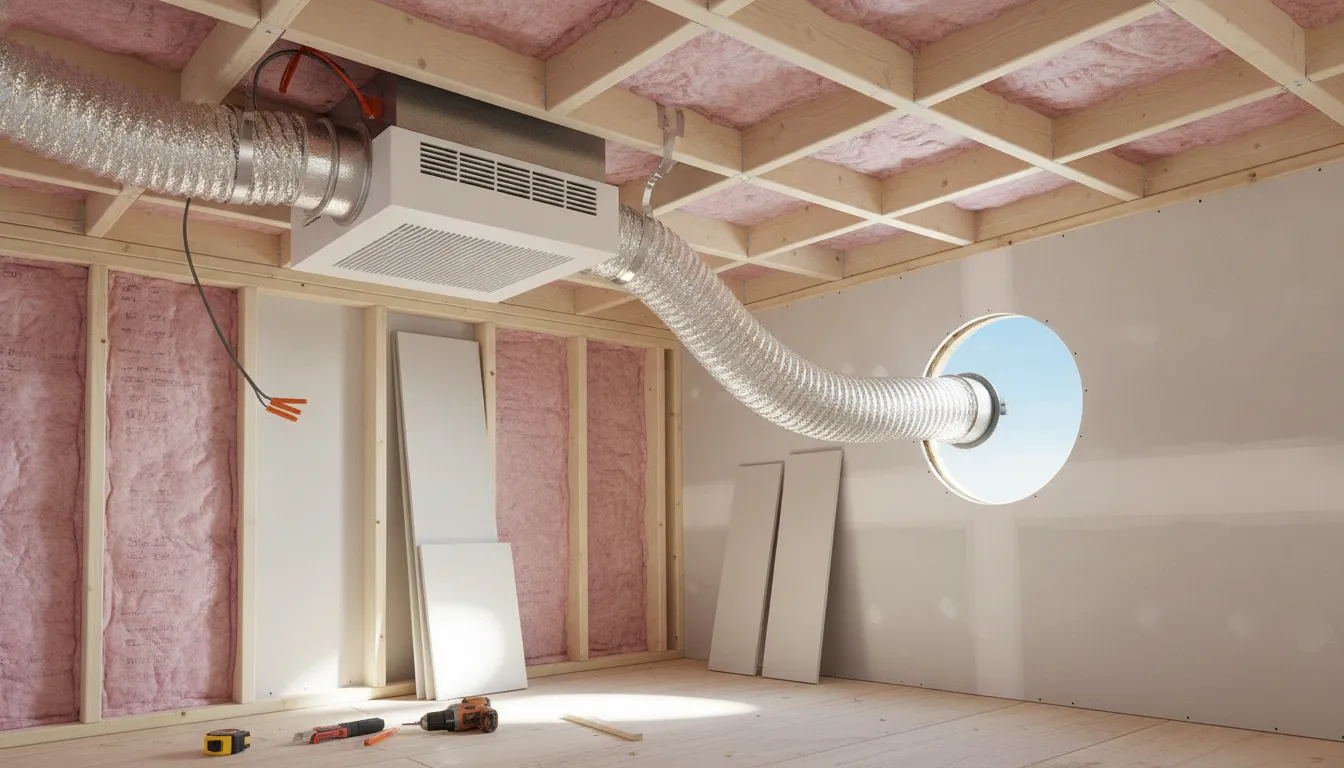 Bathroom exhaust fan duct routing through ceiling to exterior wall vent showing proper installation