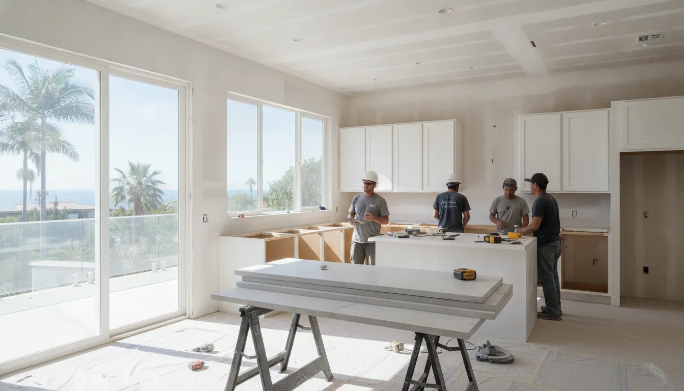 Moisture-resistant white oak cabinetry and quartz counters installed in a Santa Monica kitchen remodel, designed to hold up to coastal air