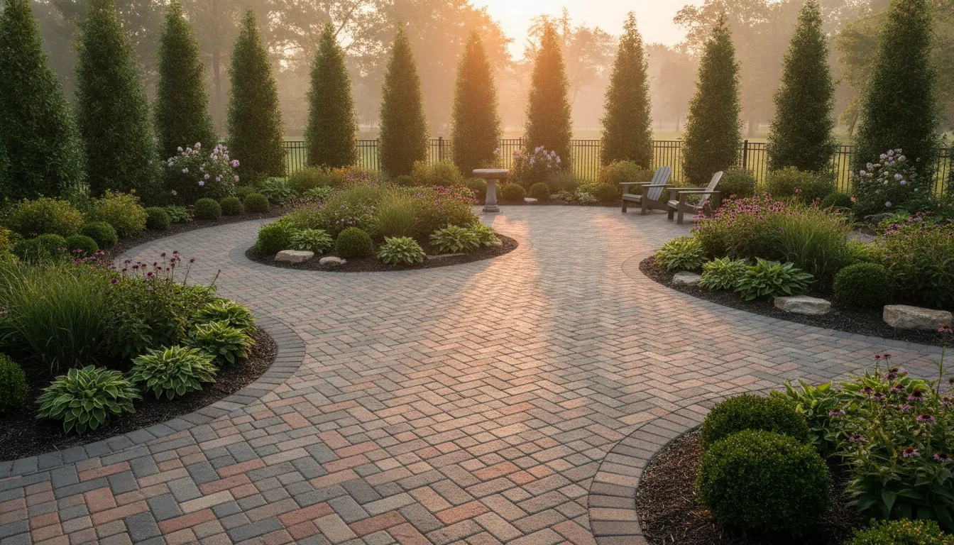 Crew installing pavers on a residential patio with a prepared base