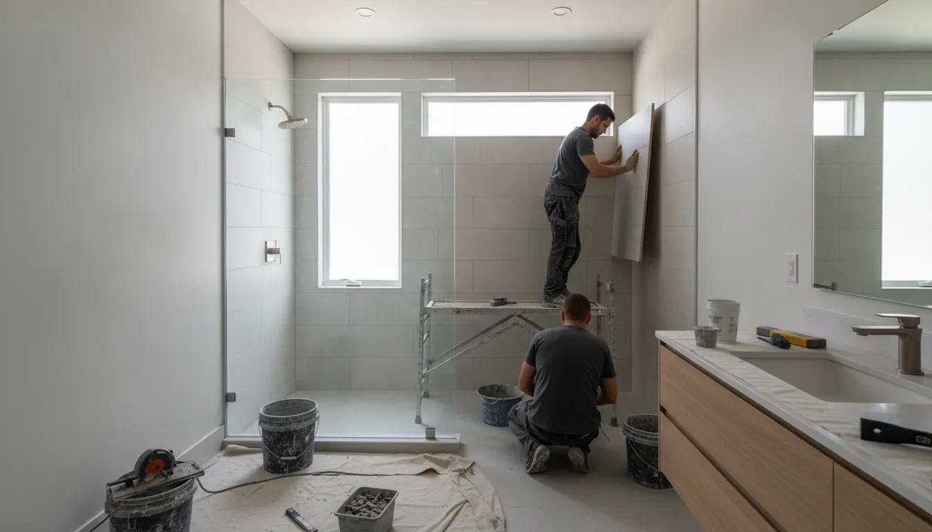 Contractors installing large porcelain tile on a shower wall during a bathroom remodel in Glendale