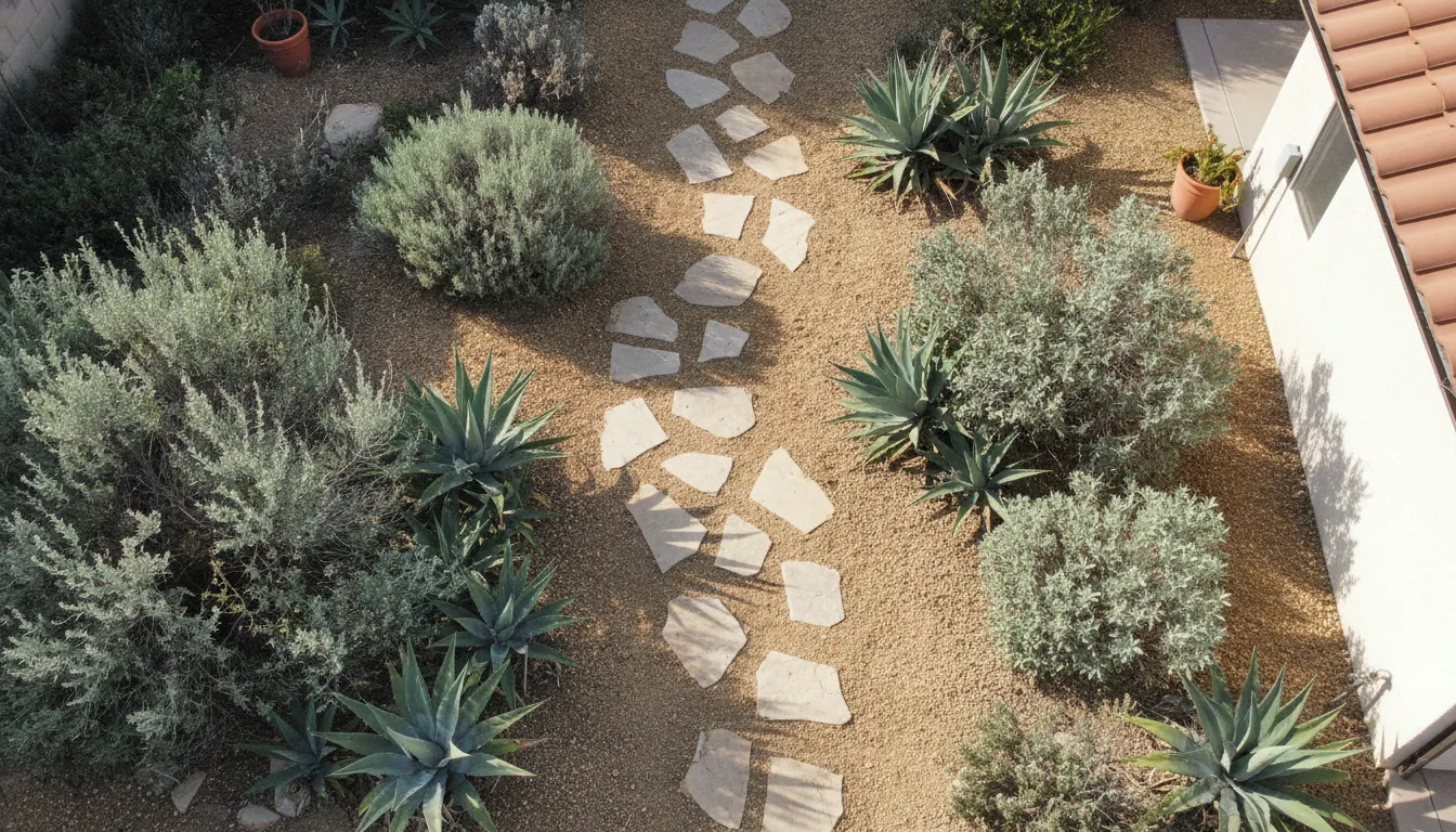 Natural flagstone stepping stones set among agave and sage in a California garden path