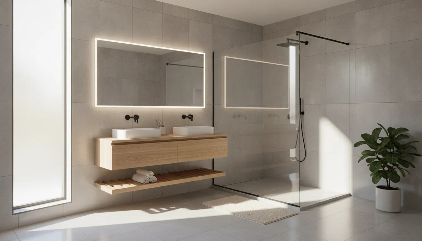 Finished Los Angeles bathroom remodel with glass shower and wood vanity