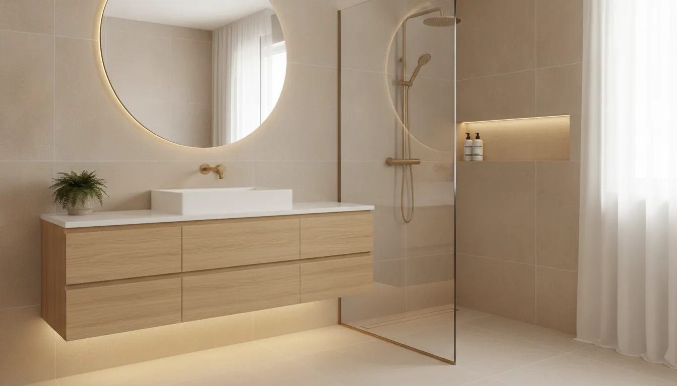 Remodeled guest bathroom in a Studio City home with a floating vanity and glass shower