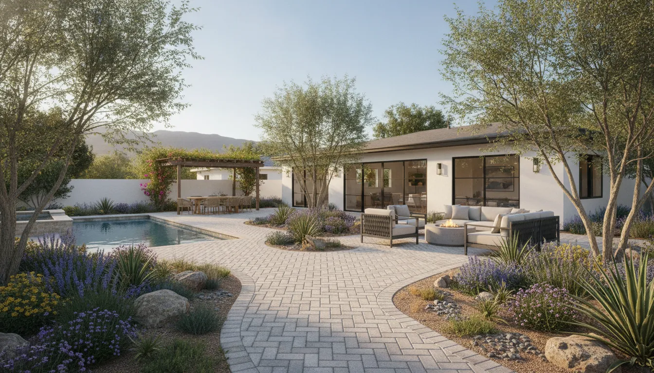 Modern Los Angeles backyard with permeable paver patio and drought-tolerant landscaping