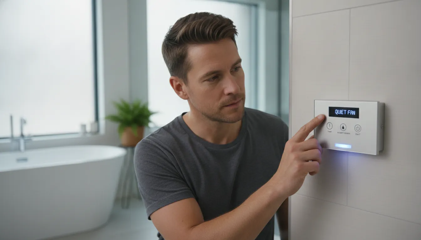 Bathroom fan timer switch and humidity sensor controls mounted on wall near modern vanity
