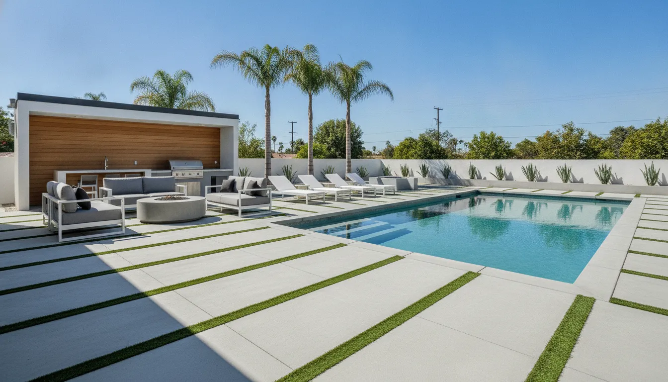 Modern linear concrete pavers bordered by turf on a Southern California backyard patio and pool deck