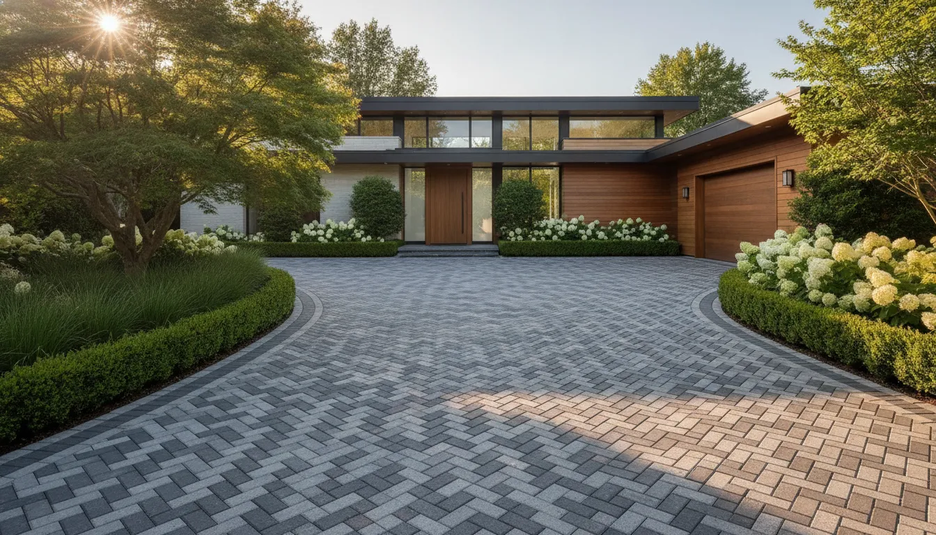 Professionally installed driveway pavers leading to a modern home